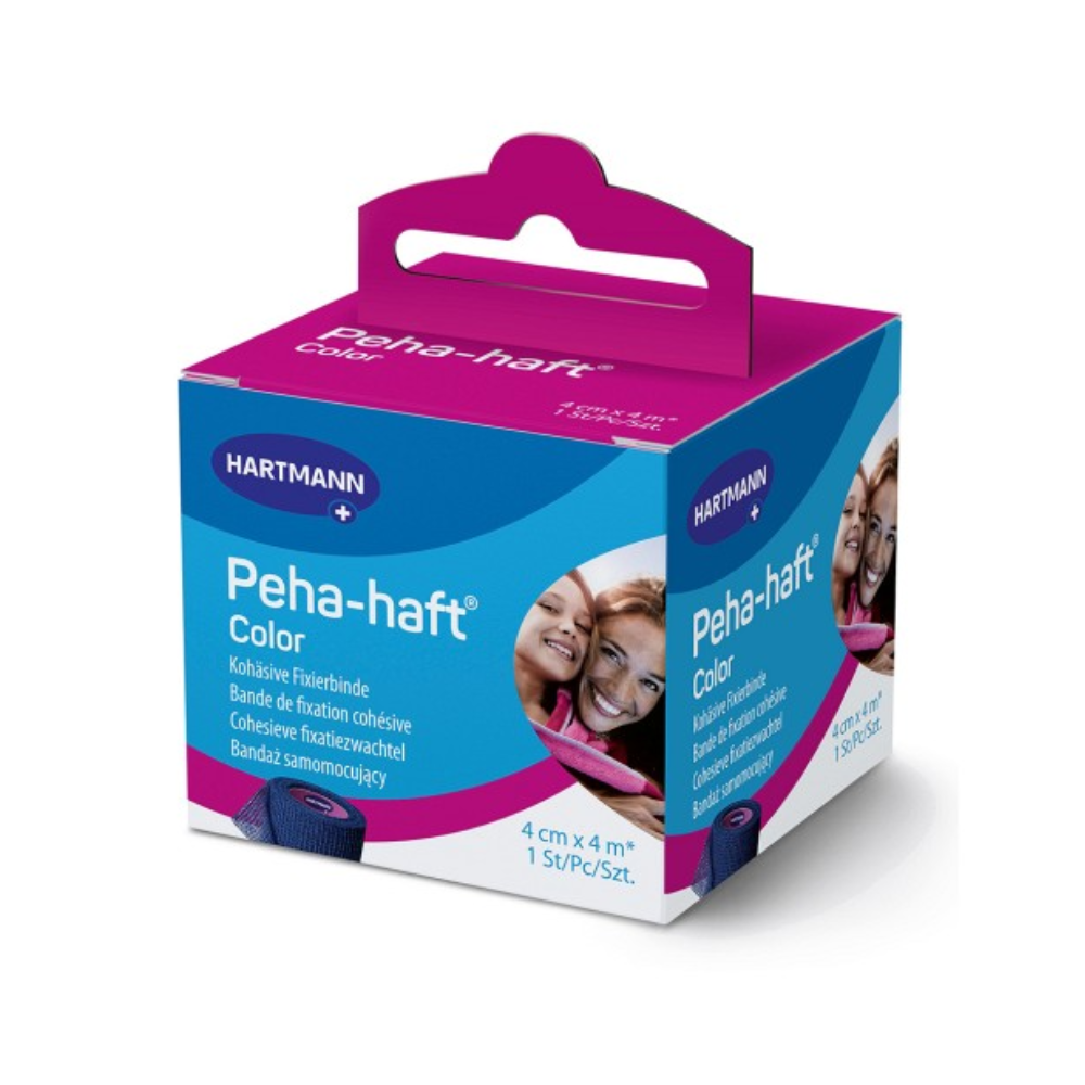 Eine Produktverpackung von „Hartmann Peha-haft Color elastische Fixierbinde, blau“, mit Bildern lächelnder Personen auf den Seiten. Die Schachtel ist rosa und blau, was 4 cm x 4 m bedeutet, von der Paul Hartmann AG.