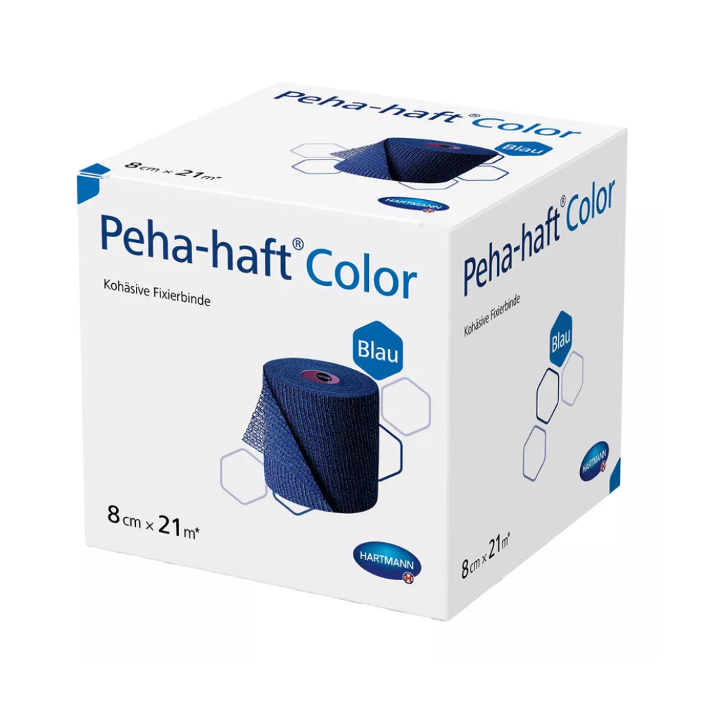 Eine Schachtel Hartmann Peha-haft Color elastische Fixierbinde, blau, kohäsive Bindenrolle von Paul Hartmann AG, mit deutscher Beschriftung und Angabe der Größe 8 cm x 2,1 m.
