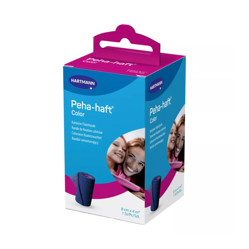 Eine Produktverpackung für die Hartmann Peha-haft Color elastische Fixierbinde, blau, der Paul Hartmann AG, bestehend aus einer blau-rosa Schachtel mit dem Bild zweier lächelnder Frauen und einer sichtbaren rosa Verbandrolle.