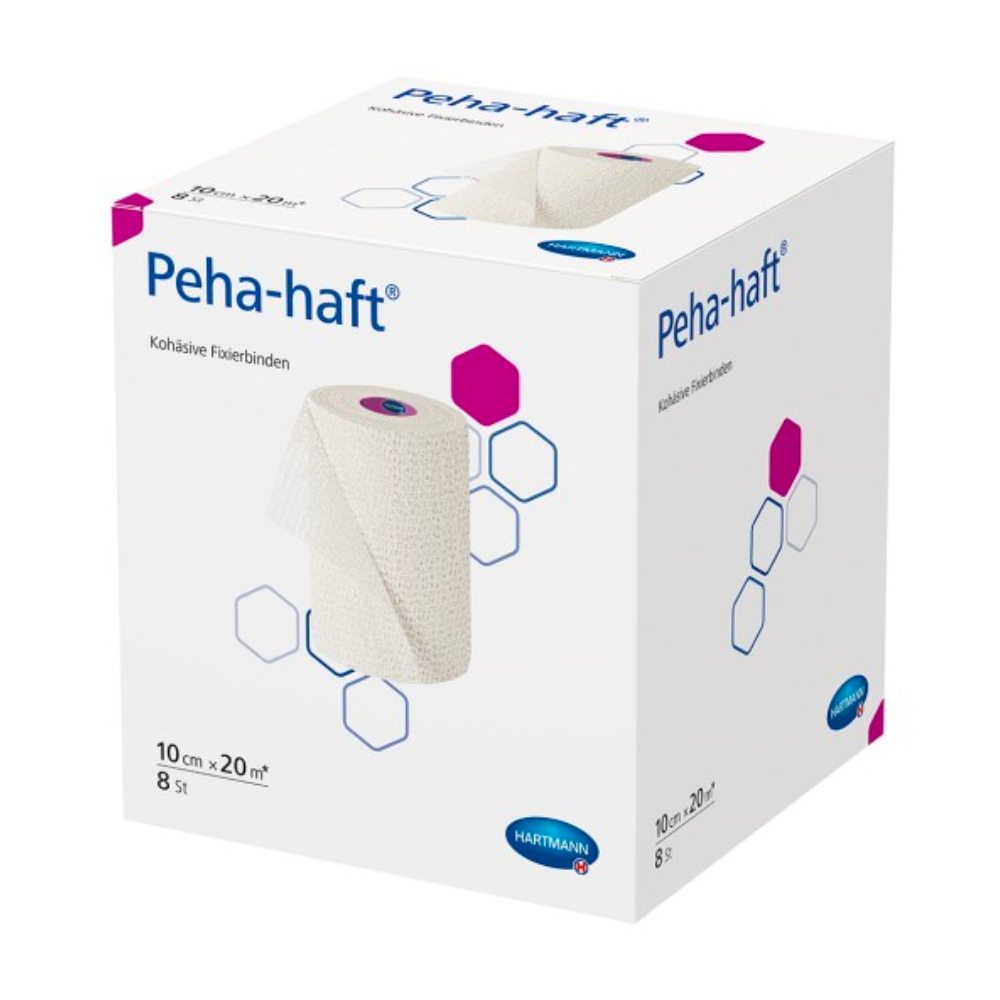 Eine Schachtel Hartmann Peha-haft® latexfrei Fixierbinde der Paul Hartmann AG, auf der eine Rolle der leicht strukturierten Binde teilweise abgerollt ist. Die Verpackung ist weiß mit