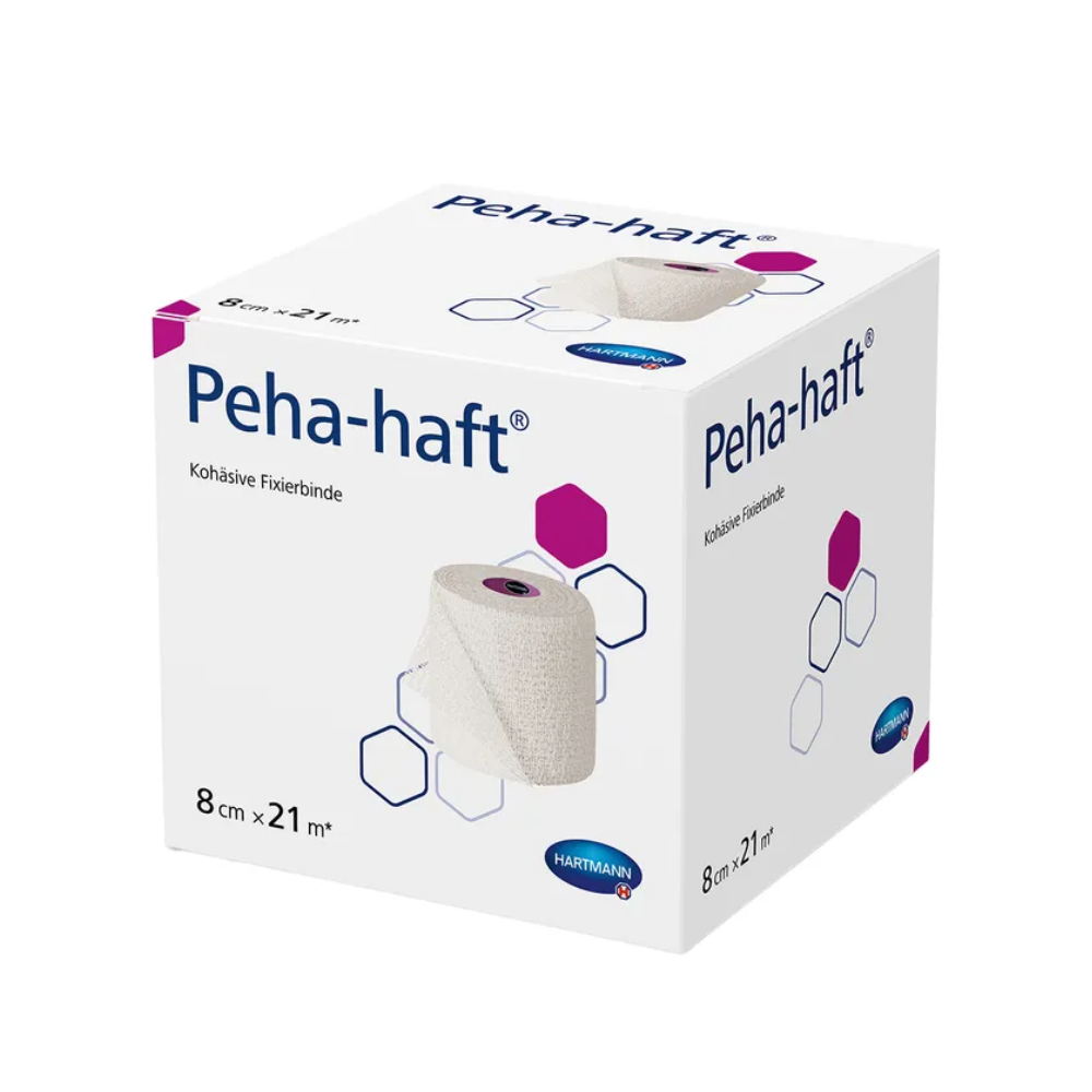 Eine Schachtel Hartmann Peha-haft® latexfrei Fixierbinde von Paul Hartmann AG mit Abmessungen und Markenbezeichnung auf der Verpackung. Das Design umfasst sechseckige Formen und Produktinformationen.