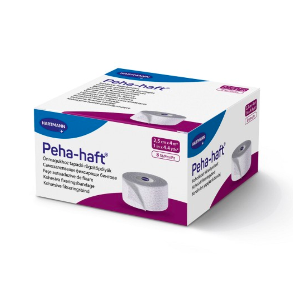 Eine Schachtel Hartmann Peha-haft® latexfrei Fixierbinden, versch. Größen – 8 Stk. von Paul Hartmann AG, mit zwei Rollen. Die Verpackung ist hauptsächlich weiß mit violetten Akzenten und enthält einen Text mit Produktinformationen.