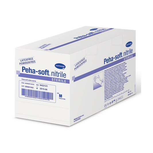 Eine Schachtel steriler Nitrilhandschuhe Hartmann Peha-soft® von Paul Hartmann AG. Die Verpackung ist weiß und blau, was bedeutet, dass die Handschuhe latexfrei und puderfrei sind. Die Details und Zertifizierungen dieser Handschuhe.