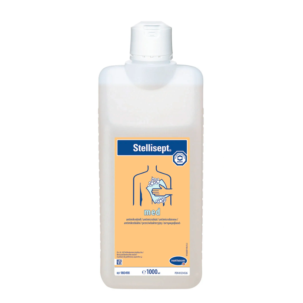Eine weiße Kunststoffflasche mit der Aufschrift „Hartmann Stellisept® med“ und einem blau-gelben Etikett kennzeichnet es als antimikrobielle Waschlotion zur hygienischen Körperwaschung.