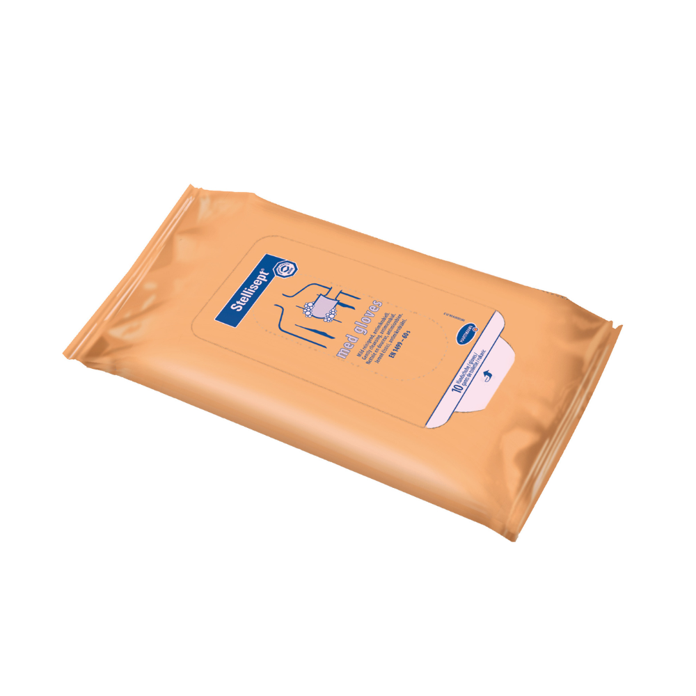 A pack of Paul Hartmann AG Hartmann Stellisept® med gloves, wash gloves | Pack (10 pieces) for nourishing antibacterial full-body washing. The resealable orange packaging features blue text and illustrations, including an image of wiped hands.