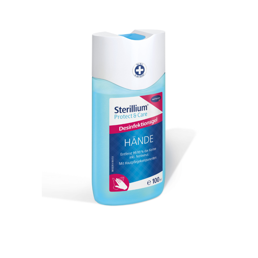 Eine Flasche Hartmann Sterillium® Protect & Care Desinfektionsgel der Paul Hartmann AG auf weißem Hintergrund. Das Etikett ist auf Deutsch und besagt, dass es 99,99 % aller Keime abtötet.