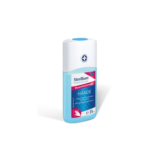 Eine Flasche Hartmann Sterillium® Protect & Care Desinfektionsgel der Paul Hartmann AG mit 35 ml Inhalt, aufrecht auf weißem Hintergrund dargestellt. Das Etikett ist blau und rosa mit deutschem Text.
