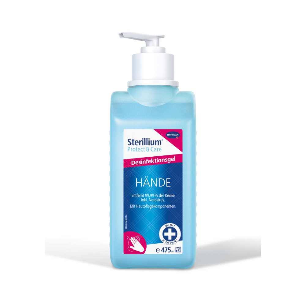 Eine Flasche Hartmann Sterillium® Protect & Care Desinfektionsgel der Paul Hartmann AG mit deutscher Beschriftung und Pumpspender. Die Flasche enthält 475 ml blaues Gel, das 99