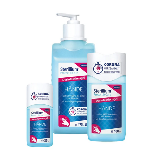 Drei Hartmann Sterillium® Protect & Care Desinfektionsgel-Händedesinfektionsprodukte, darunter zwei Flaschen und ein Flüssigkeitsspender, gekennzeichnet mit einer 99,99-prozentigen Keimabtötung und spezifiziert als Paul Hartmann AG.