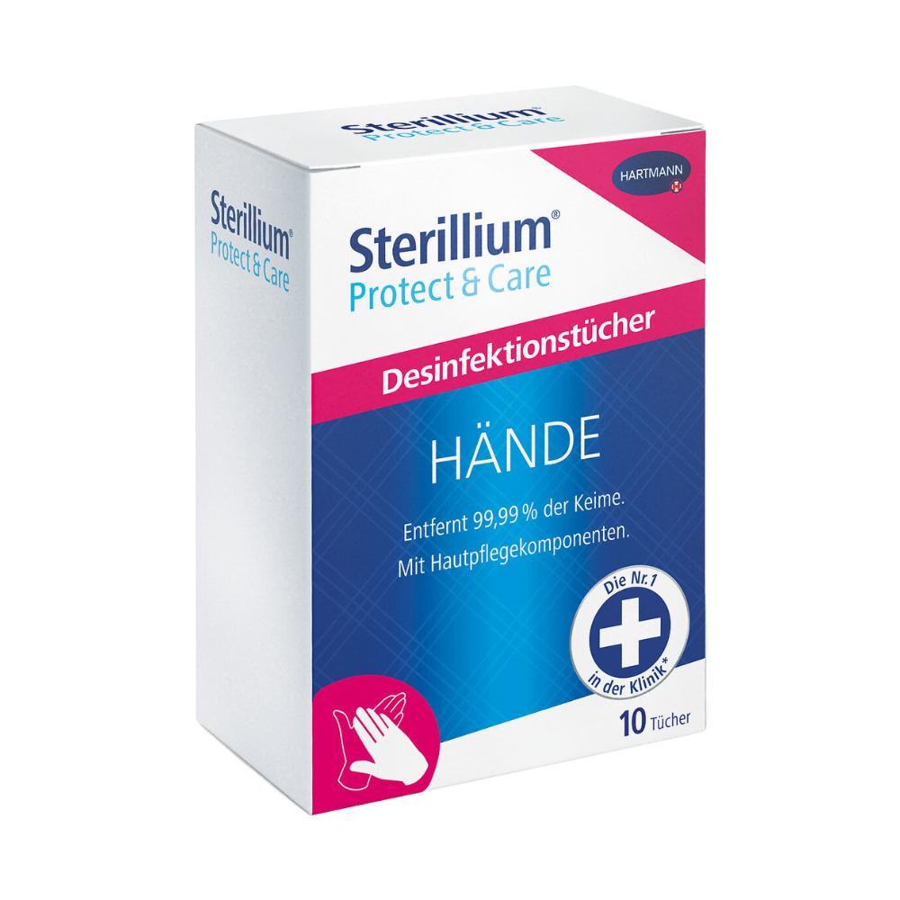 Schachtel mit Hartmann Sterillium® Protect & Care Händedesinfektionstüchern mit dem Text in Deutsch, der angibt „tötet 99,99 % der Keime“. Die Verpackung zeigt ein Handsymbol der Paul Hartmann AG.