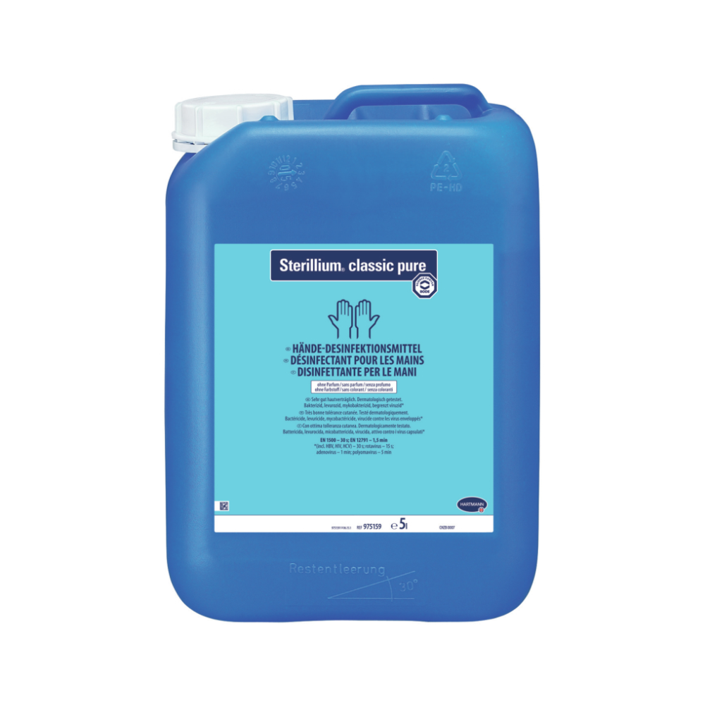 Ein blauer Plastikkanister mit der Aufschrift „Sterillium® classic pure Händedesinfektion“ der Paul Hartmann AG, der anzeigt, dass er Händedesinfektionsmittel enthält. Das Etikett enthält eine mehrsprachige Gebrauchsanweisung und den Hinweis, dass das Produkt parfümfrei ist.
