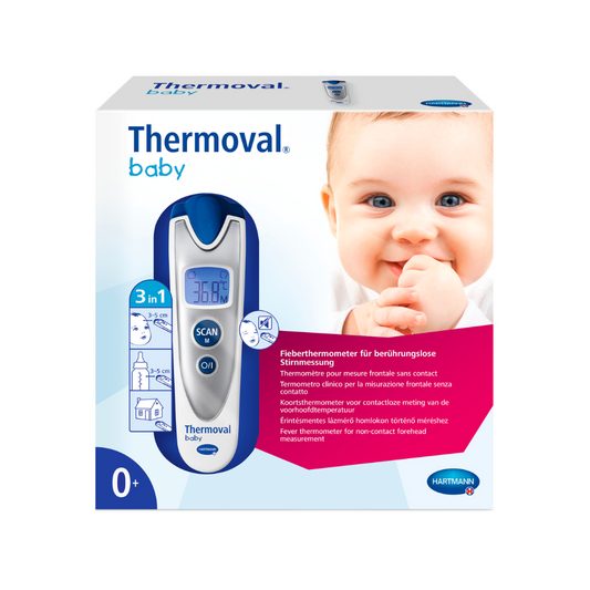 Verpackung für ein Hartmann Thermoval® Baby Infrarot-Thermometer mit Digitalanzeige und lächelndem Baby. Text in mehreren Sprachen hebt Funktionen und Verwendung für berührungslose Temperaturmessung hervor.