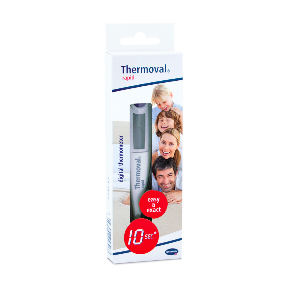 Packaging of a Hartmann Thermoval® rapid fever thermometer by Paul Hartmann AG with images of a family with two adults and two smiling children, as well as texts emphasizing "simple, accurate" and a reading time of 10 seconds.
