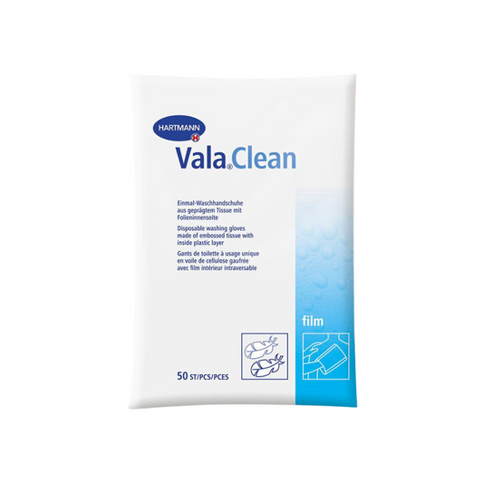 Eine Paul Hartmann AG Hartmann Vala® Clean Einweg-Waschhandschuhpackung mit 50 Handschuhen für die Körperpflege. Die Packung ist weiß und blau, mit einem mehrsprachigen Text zur Produktbeschreibung und Symbolen zur Verwendung.