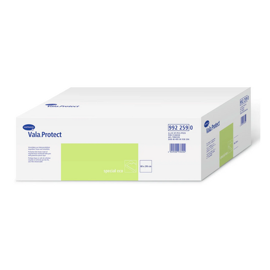 Eine weiße rechteckige Schachtel mit Hartmann Vala® Protect eco Einmal-Schutzlaken 80 x 210 cm| Karton (1 Packungen). Die Verpackung ist blau-grün gestaltet und mit Produktinformationen sowie einem Barcode versehen und besteht aus Recycling-Tissue.