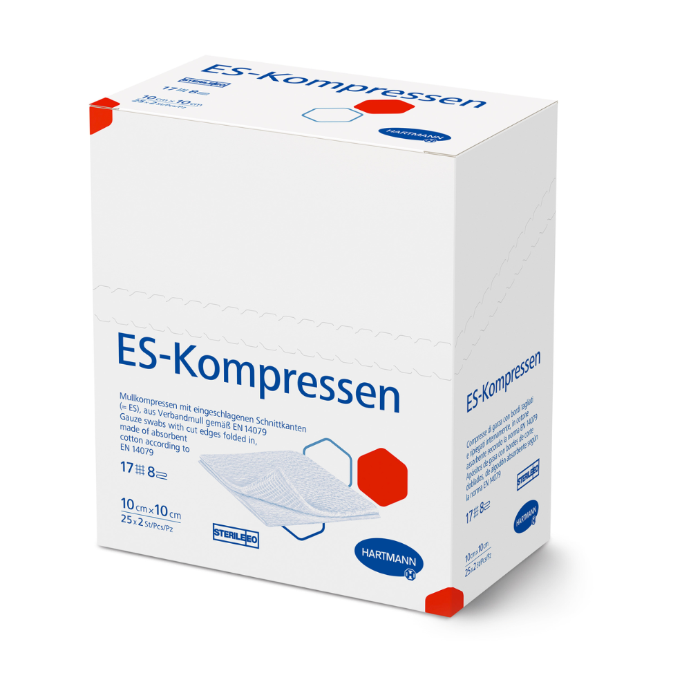 Eine Schachtel mit sterilen Hartmann ES-Kompressen 12-fach Mullkompressen, mit deutschem Text, gekennzeichnet durch rote und blaue Akzente. Die angegebene Größe ist 10 cm x 10 cm von Paul Hartmann AG.