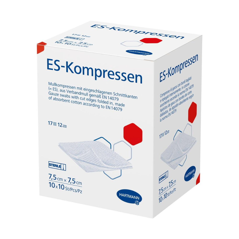 Ein Produktbild einer Schachtel mit sterilen Hartmann ES-Kompressen 17-fädig, 12-fach der Paul Hartmann AG. Die Schachtel enthält einen deutschen Text und gibt an, dass die Kompressen in der Größe 7,5 gut absorbieren.