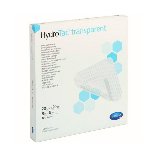 Eine Schachtel Hartmann HydroTac® transparenter hydrozellulärer Gel-Verband von Paul Hartmann AG, die auf der Vorderseite ein klares Bild des Produkts mit Produktdetails in mehreren Sprachen zeigt. Die Schachtel ist weiß.