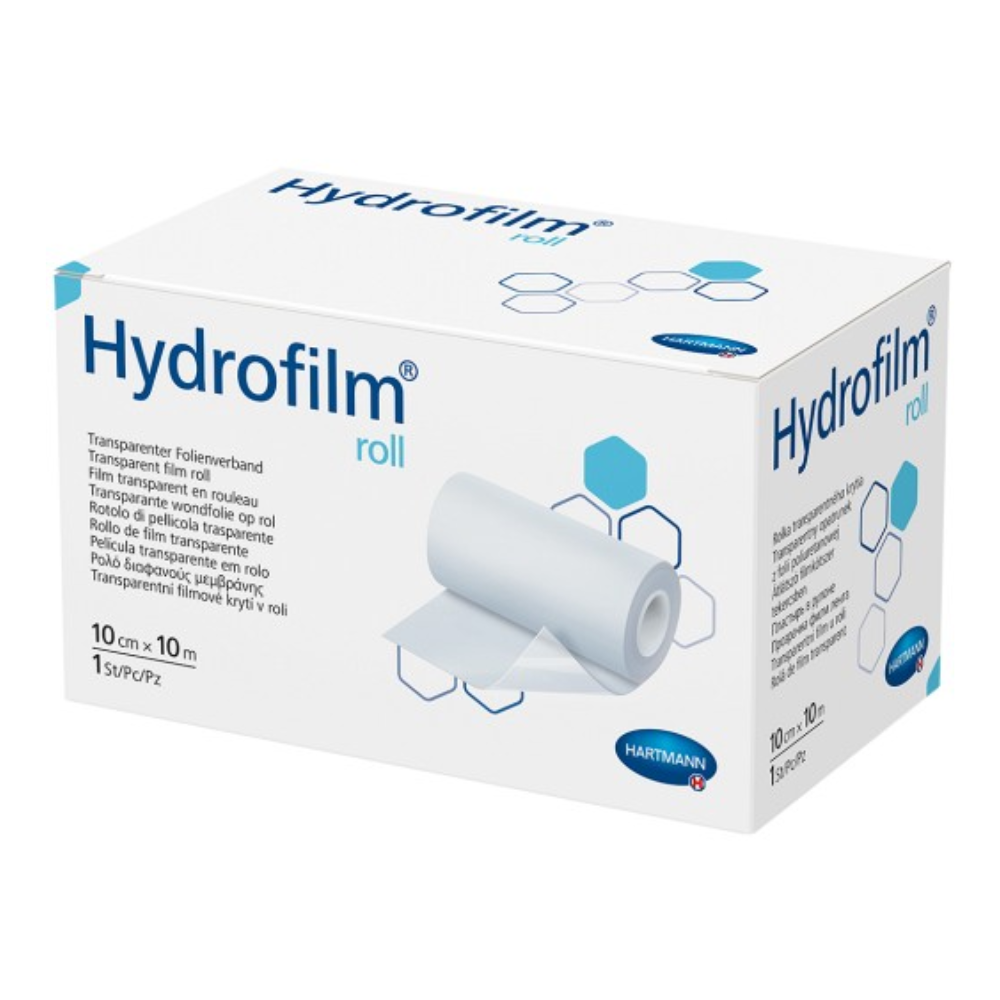 Ein Produktbild einer Schachtel mit der Hartmann Hydrofilm®-Rolle der Paul Hartmann AG, einem transparenten Folienklebeband, mit Verpackungsdetails und Abbildungen der Bandrolle und Verwendungssymbolen.