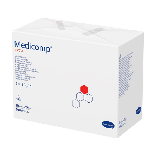 Eine Schachtel Hartmann Medicomp® extra unsterile Vlieskompresse - 100 Stück der Paul Hartmann AG, mit Text und Logos überwiegend in Blau und Rot auf weißem Hintergrund. Auf der Schachtel sind Größen und Mengen angegeben.