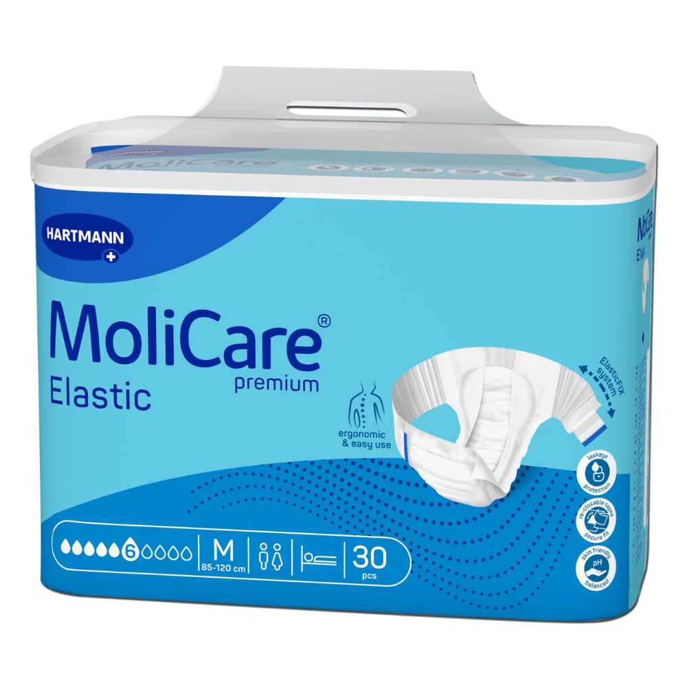 A package of Hartmann MoliCare® Premium Elastic adult diapers by Paul Hartmann AG is available in blue-white packaging with its logo. It provides relief for urinary and fecal incontinence, is available in size Medium for a waist circumference of 85-120 cm, includes 30 pieces and is equipped with ergonomic and user-friendly symbols.