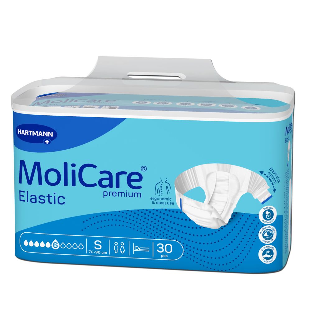 Package Hartmann MoliCare® Premium Elastic, 6 drop briefs for urinary and fecal incontinence by Paul Hartmann AG, size S, suitable for waist circumference 70-90 cm. Contains 30 slips with ergonomic design and user-friendly symbols in a blue-white color scheme as well as an image of a slip.