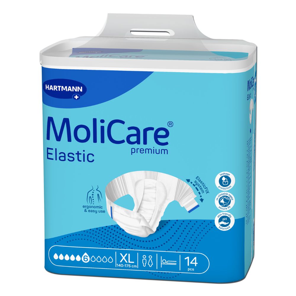 The Hartmann MoliCare Premium Elastic adult diapers in XL have blue-white packaging with the image of the incontinence pad. They contain 14 pieces for waist sizes of 140-175 cm, prominently display the brand name Paul Hartmann AG, and offer comfort for urinary and fecal incontinence.