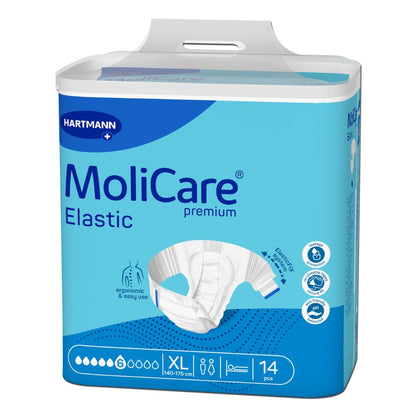 The Hartmann MoliCare Premium Elastic adult diapers in XL have blue-white packaging with the image of the incontinence pad. They contain 14 pieces for waist sizes of 140-175 cm, prominently display the brand name Paul Hartmann AG, and offer comfort for urinary and fecal incontinence.