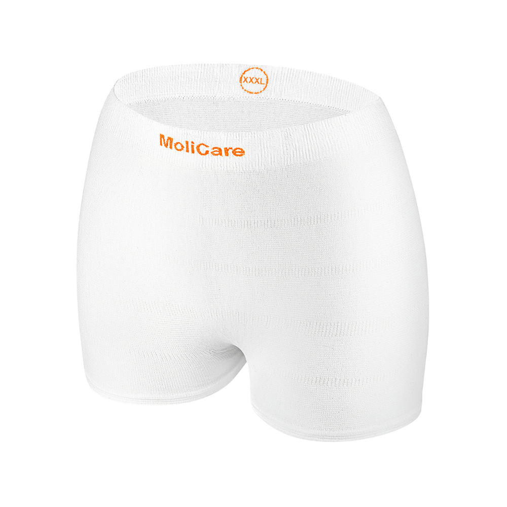 Weiße Paul Hartmann AG MoliCare® Premium Fixpants Netzhose - 25 Stück Inkontinenzunterwäsche für Erwachsene, Größe XXXL, abgebildet auf einem schlichten weißen Hintergrund. Die Unterwäsche ist so gestaltet, dass sie normalen Slips ähnelt und so diskret ist.