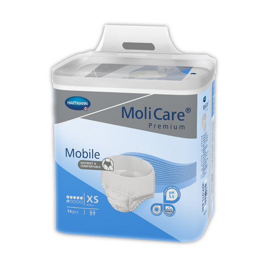 Eine Packung Hartmann MoliCare® Premium Mobile Inkontinenzpants, Größe XL, der Paul Hartmann AG, enthält 14 Stück. Die Verpackung ist blau-weiß und mit einer Abbildung des Produkts versehen.