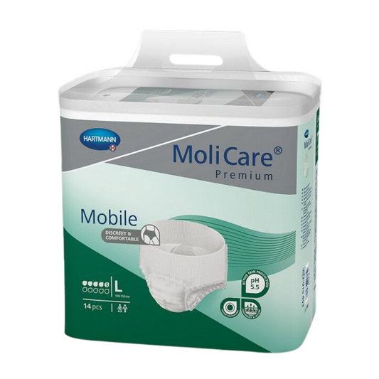 Eine Packung Hartmann MoliCare® Premium Mobile Inkontinenzslips, 5 Tropfen für mittlere Inkontinenz in der Größe Large, abgebildet mit 14 Stück. Die Verpackung ist weiß und grün mit transparent.