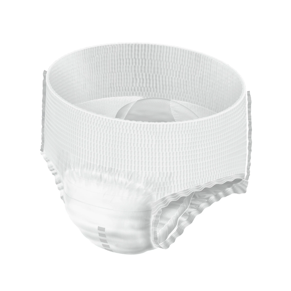 Eine Erwachsenenwindel in Weiß, gestaltet als Hartmann MoliCare® Premium Mobile Inkontinenzpants der Paul Hartmann AG mit saugstarkem Material und elastischem Bund, isoliert auf weißem Hintergrund.
