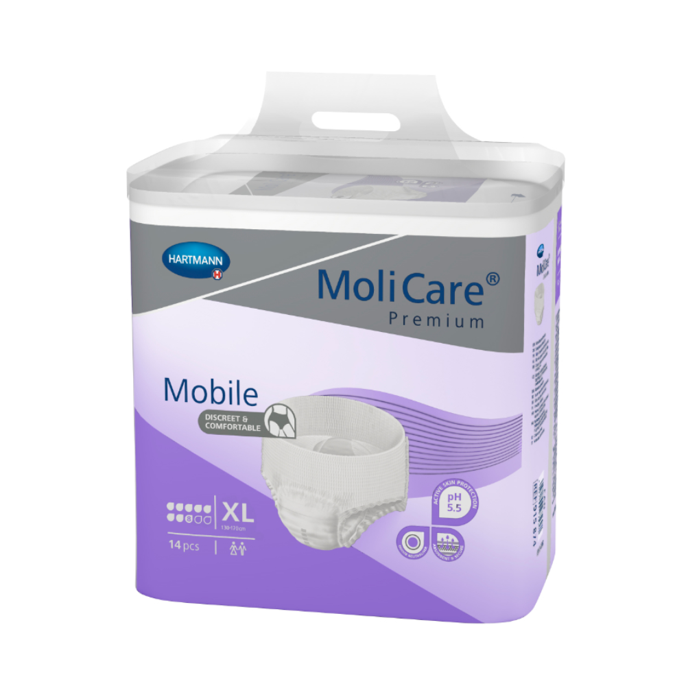 Eine Packung Hartmann MoliCare® Premium Mobile Inkontinenzpants der Paul Hartmann AG in der Größe XL, mit 14 Stück Inhalt. Die Verpackung ist lila und weiß und betont Komfort und Hautfreundlichkeit.
