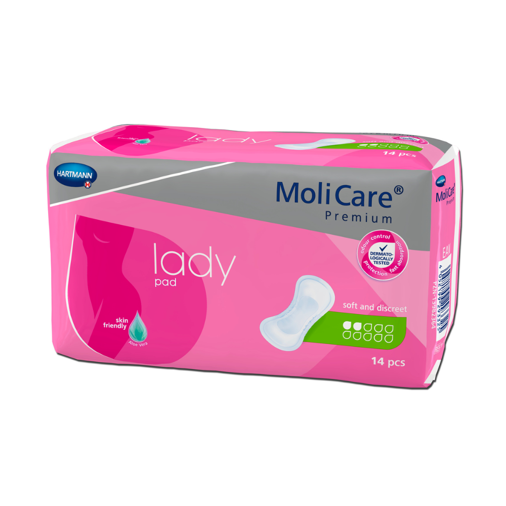 Eine Packung Paul Hartmann AG MoliCare® Premium Lady Pads mit 14 hautfreundlichen und diskreten Pads, dargestellt mit einer Grafik eines rosa Pads und einem Blattsymbol auf einem bunten