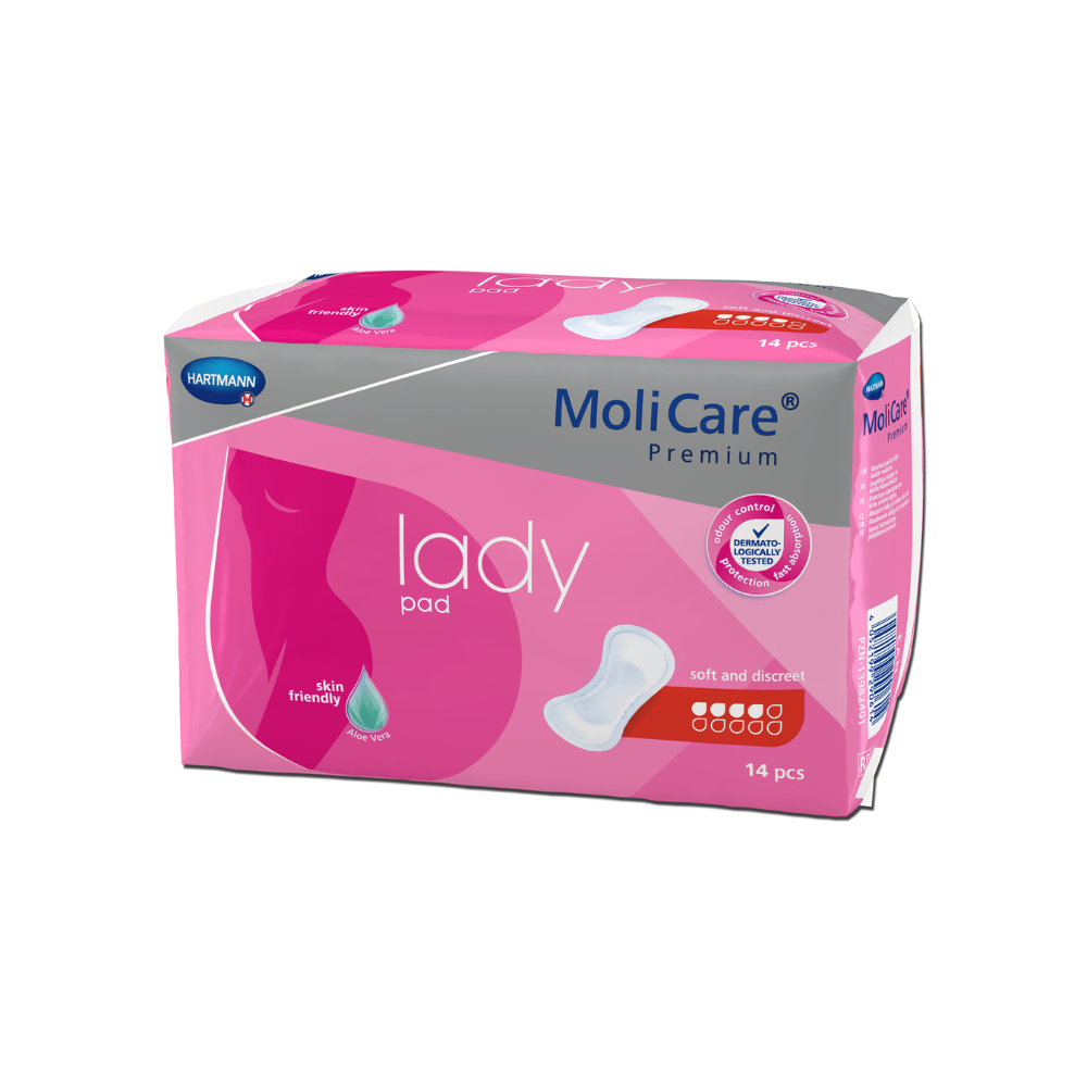 Eine Packung MoliCare Premium Lady Pads der Paul Hartmann AG, 28 Stück. Die Box ist rosa und weiß und wirbt mit Eigenschaften wie „hautfreundlich“, „weich und diskret“. Die Produktabbildung