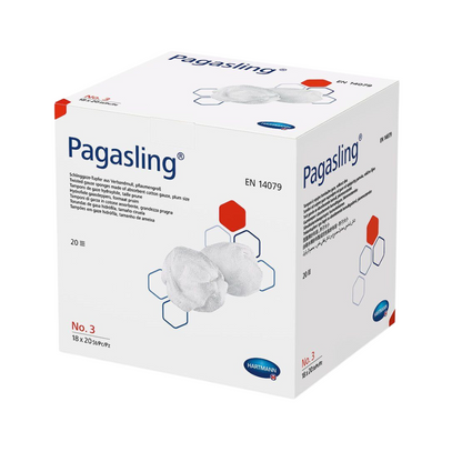 A box of Hartmann Pagasling® gauze swabs wound dressings by Paul Hartmann AG, labeled with “dressing gauze EN 14079”, showing the product with visible absorbent pads. The packaging contains application instructions and graphics.
