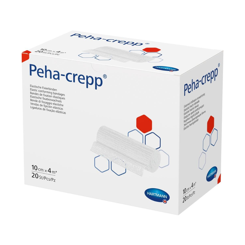 Eine Schachtel Hartmann Peha-crepp® superelastische Fixierbinde von Paul Hartmann AG, geeignet für empfindliche Haut und mit roten und blauen Designelementen. Enthält 10 Binden à 20 cm x.