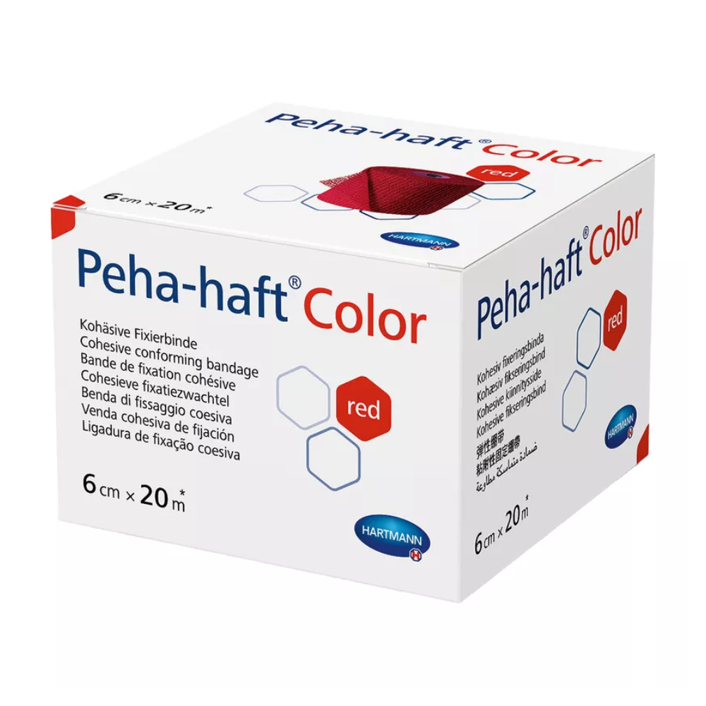 Eine Schachtel Paul Hartmann AG Hartmann Peha-haft Color elastische Fixierbinde mit blauer Farbcodierung. Die Verpackung zeigt mehrere Sprachen und Produktinformationen, einschließlich der Abmessungen 6 cm x 20