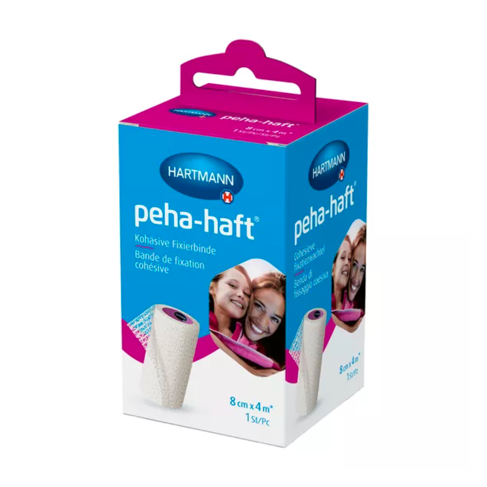 Eine Schachtel Paul Hartmann AG Hartmann Peha-haft® latexfrei Fixierbinde - 1 Stück, Maße 8 cm x 4 m. Die Verpackung ist blau und weiß und zeigt Bilder lächelnder Frauen.