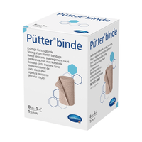 The image shows a box of Hartmann Pütter "Kurzzugbinden stark" bandages, measuring 8 cm x 5 m. The packaging is mostly white and features text and images illustrating the bandage.