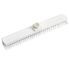 The Haug PBT Hard Large-Area Wiper, 400x60x26 mm, from Haug Bürsten KG is a white, rectangular mop head with stiff PBT bristles arranged in rows and a central socket for attaching the handle, ideal for professional cleaning and effective scrubbing of surfaces.
