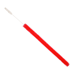 The Haug Radiator Brush, 1200 x Ø55 mm, manufactured by Haug Bürsten KG features dust-trapping red bristles on a long, flexible white handle. This thin cleaning brush is ideal for cleaning tight spaces or pipes.