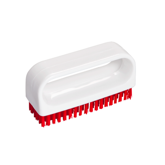 Eine weiße Nagelbürste aus Kunststoff mit steifen roten Borsten, isoliert auf weißem Hintergrund.
Produktname: Haug Nagelbürste mit Bügel, rot | Packung (1 Stück)
Markenname: haug bürsten KG