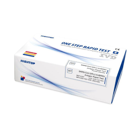 Eine Schachtel HighTop Influenza A/B, RSV, Covid-19 Profi Schnelltest-Schnelltests für SARS-CoV-2-Antigentests. Die Verpackung ist weiß mit blauen und roten Akzenten und zeigt Logos, Text und eine CE-Kennzeichnung.