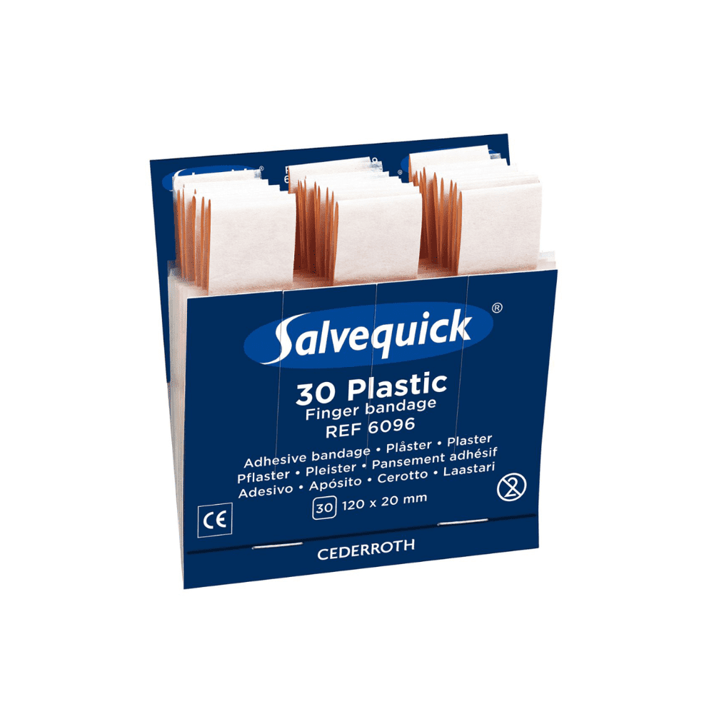 A blue Holthaus Medical Salvequick® refill box labeled "Finger Bandage Plastic, 30 pieces" contains 30 individually wrapped bandages (120 x 20 mm), Ref. No. 6096, from Holthaus Medical GmbH & Co. KG.