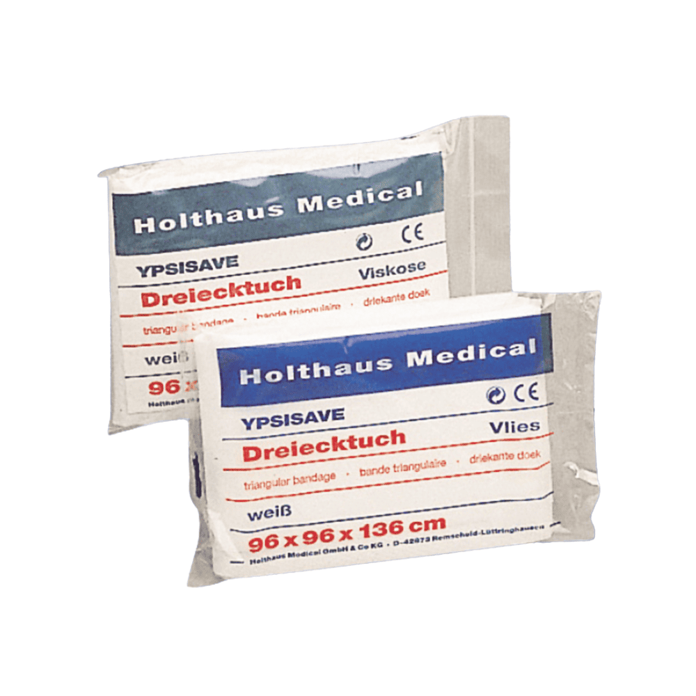 Two packages of Holthaus Medical YPSISAVE triangular bandage from Holthaus Medical GmbH & Co. KG. The white bandages, ideal as a sling or for general fixation, are available in sizes 96 x 96 x 136 cm. Each package contains multilingual text and medical symbols.