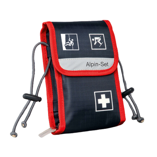 Ein kompakter, dunkelblauer und roter Notfallrucksack mit der Aufschrift „Holthaus Medical Alpin-Set Verbandtasche - 21-teilig| Packung (1 Stück)“ mit sichtbaren Symbolen eines Sessellifts und eines Berges als Symbol für alpine Ausrüstung.