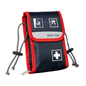 A compact first aid kit in navy blue and red with white symbols depicting various emergency scenarios. The Holthaus Medical GmbH & Co. KG Alpin-Set first aid bag - 21-piece bears the inscription "First Aid Kit" and is equipped with adjustable drawstrings on both sides.