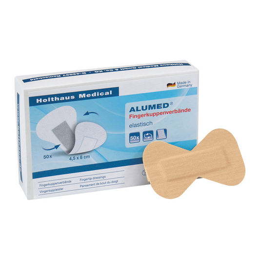 Eine Schachtel Alumed® Fingerkuppenverband-Heftpflaster der Marke Holthaus Medical für die Fingerkuppen, abgebildet neben einem Beispiel des Verbandes auf weißem Hintergrund.