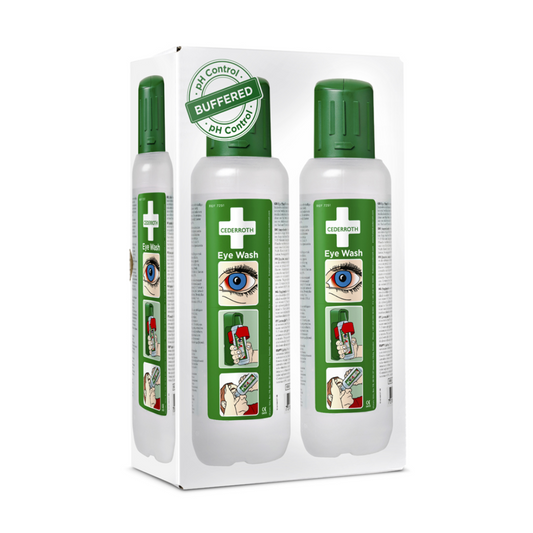 Zwei Flaschen Holthaus Augenspülflasche mit grünem Verschluss in einem weißen Karton, jeweils mit Etiketten mit Augengrafiken und Gebrauchsanweisungen, unverzichtbar als Erste-Hilfe-Ausrüstung.